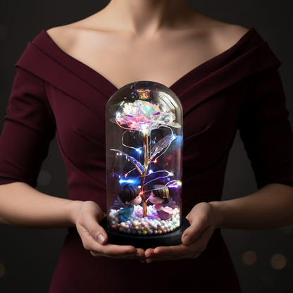 Galaxy ruža u staklenom zvonu sa LED svetlom i figuricama