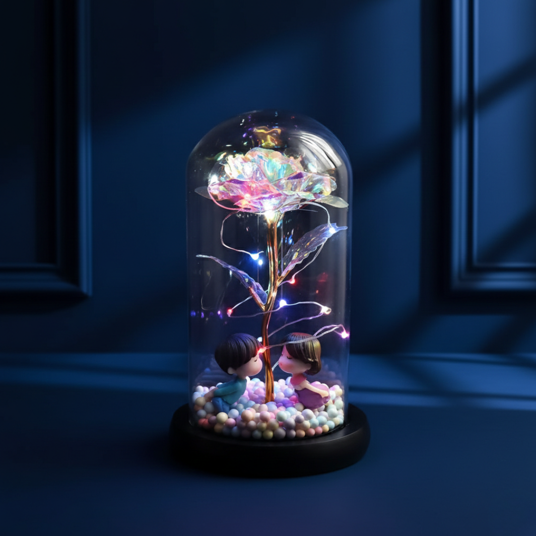 Galaxy ruža u staklenom zvonu sa LED svetlom i figuricama