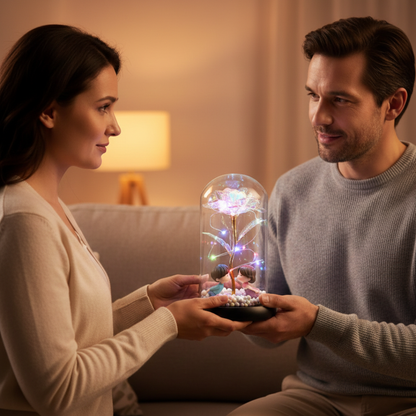 Galaxy ruža u staklenom zvonu sa LED svetlom i figuricama