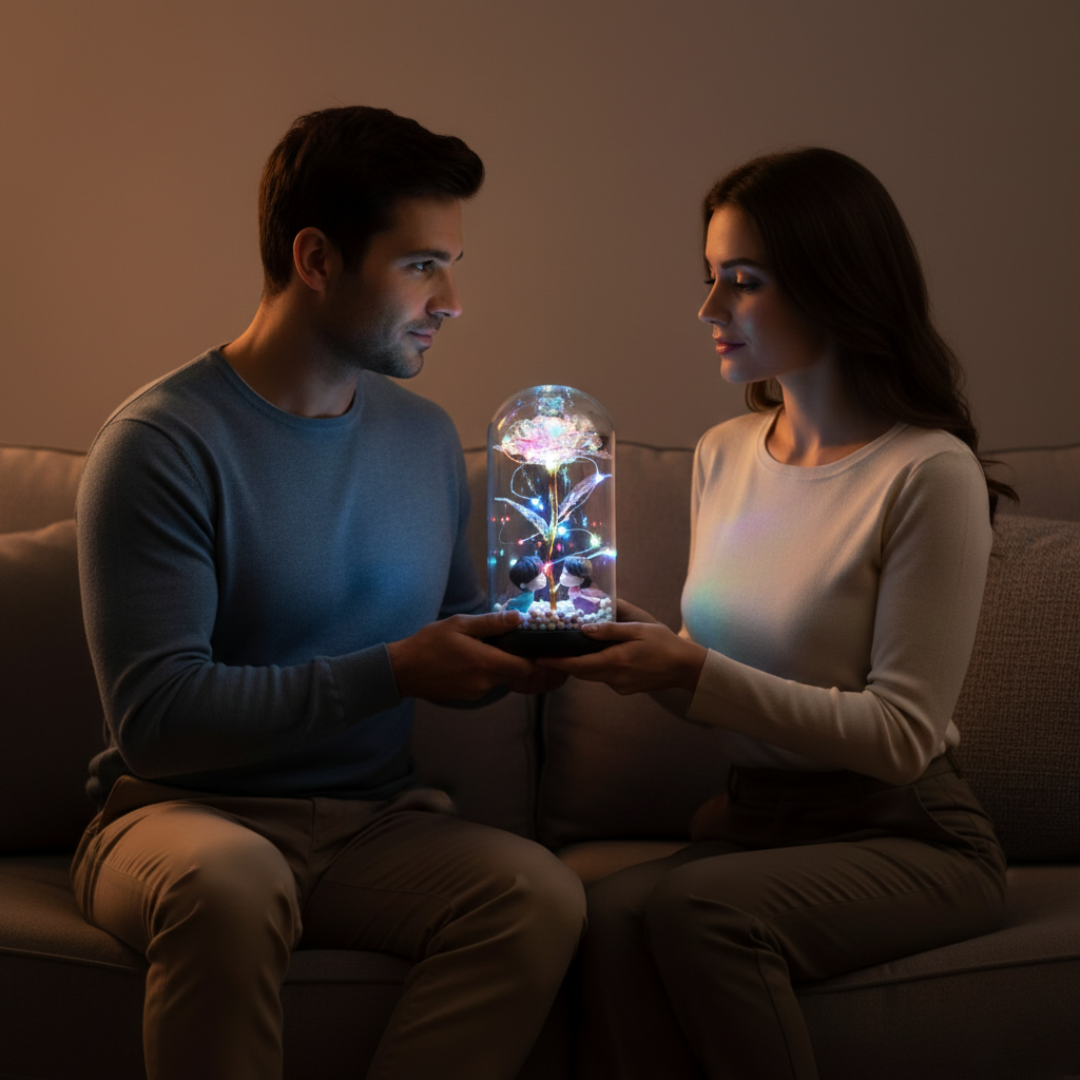 Galaxy ruža u staklenom zvonu sa LED svetlom i figuricama