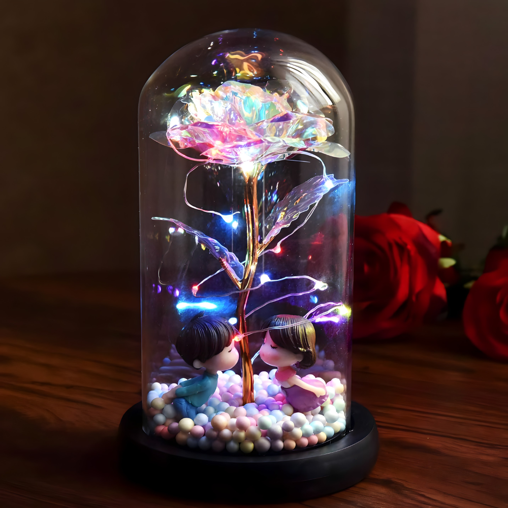 Galaxy ruza u staklenom zvonu sa LED svetlom i figuricama - rs-mangoshop.com