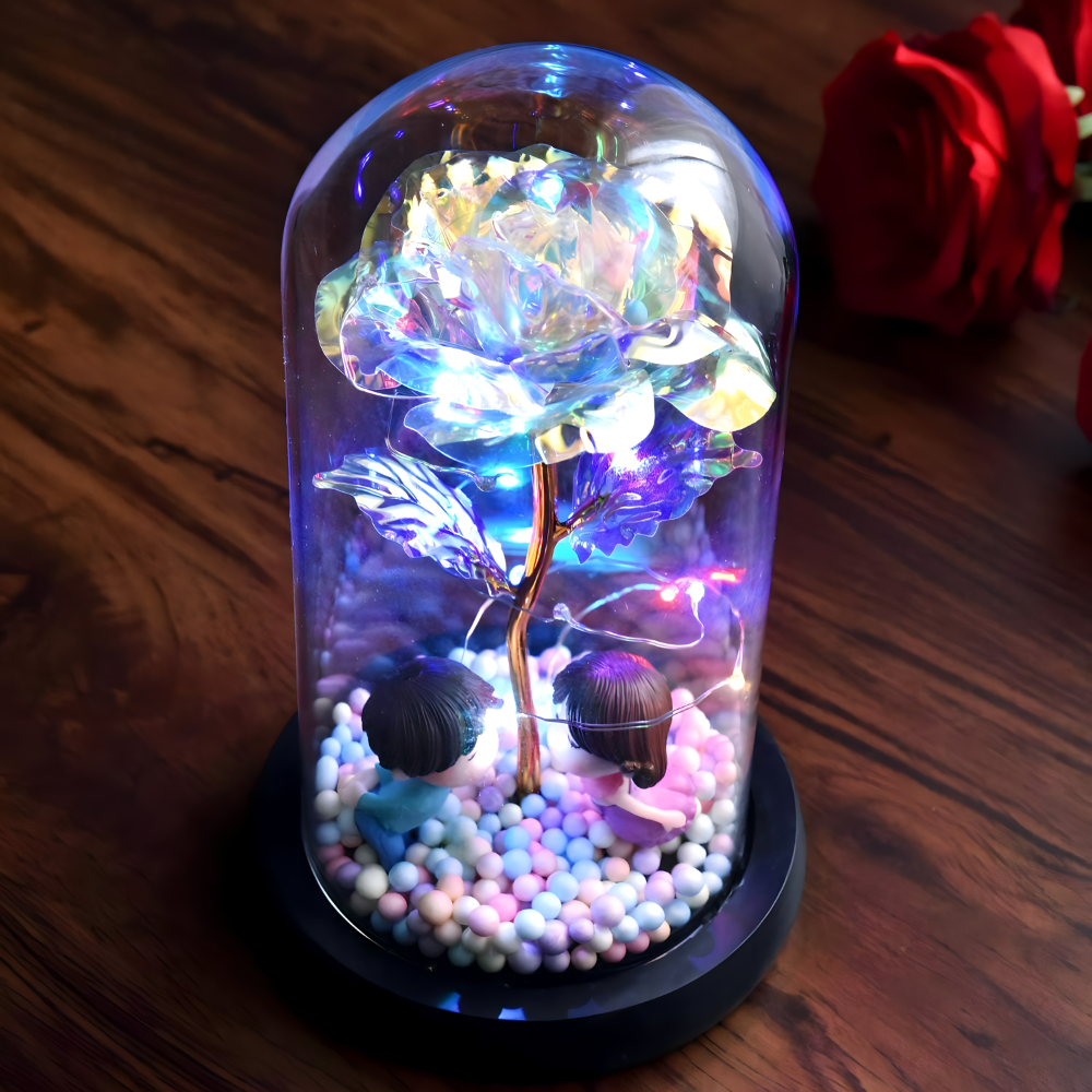 Galaxy ruza u staklenom zvonu sa LED svetlom i figuricama - rs-mangoshop.com
