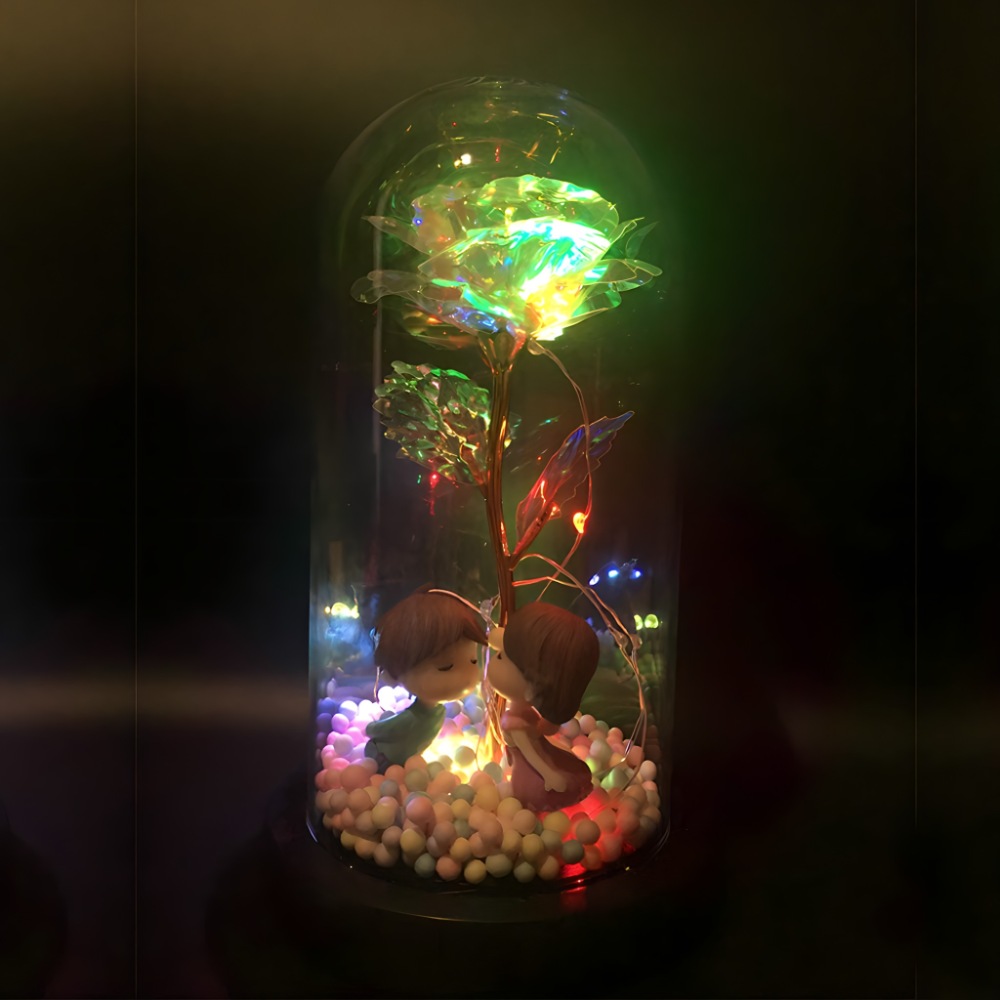 Galaxy ruza u staklenom zvonu sa LED svetlom i figuricama - rs-mangoshop.com