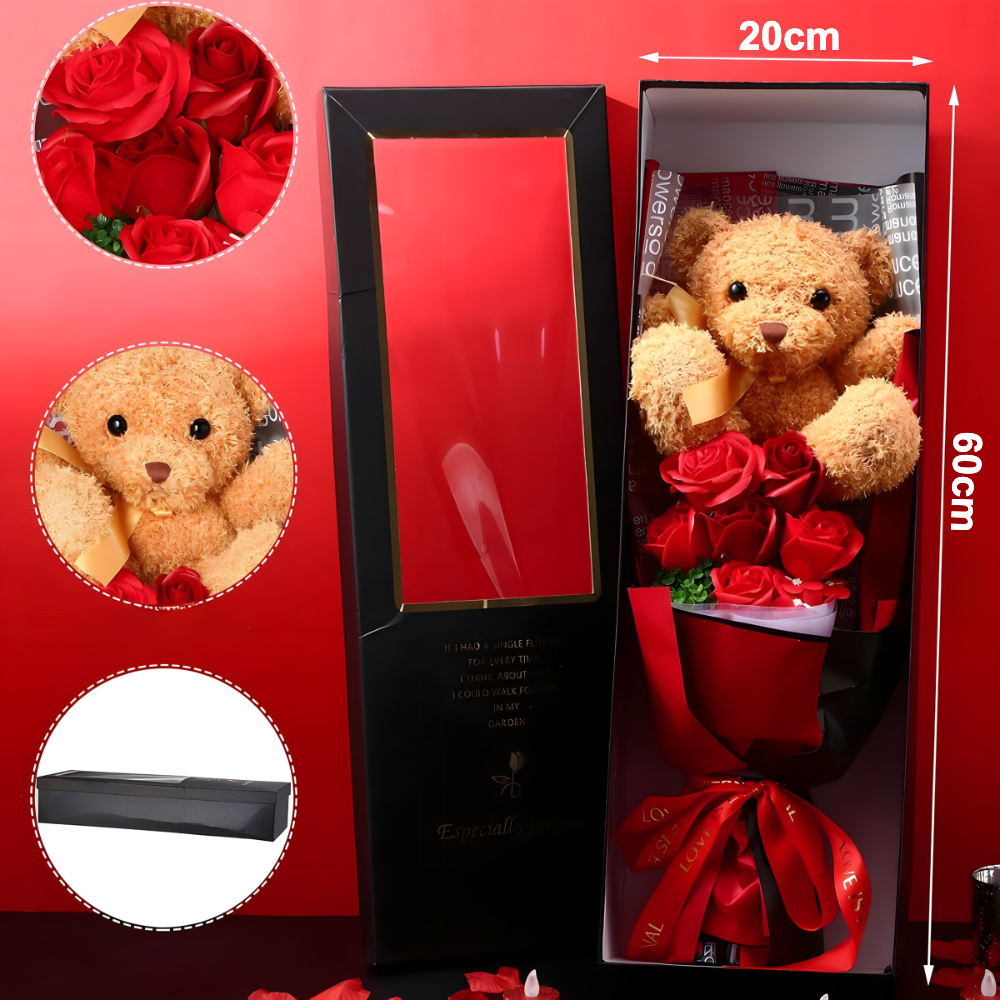 LUX poklon set – buket ruza, plisani medvedic i ogrlica - rs-mangoshop.com 