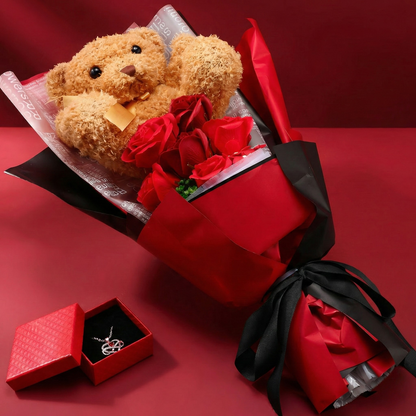 LUX poklon set – buket ruža, plišani medvedić i ogrlica u elegantnoj poklon kutiji