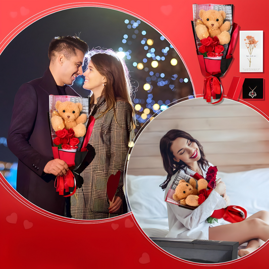 LUX poklon set – buket ruza, plisani medvedic i ogrlica - rs-mangoshop.com 