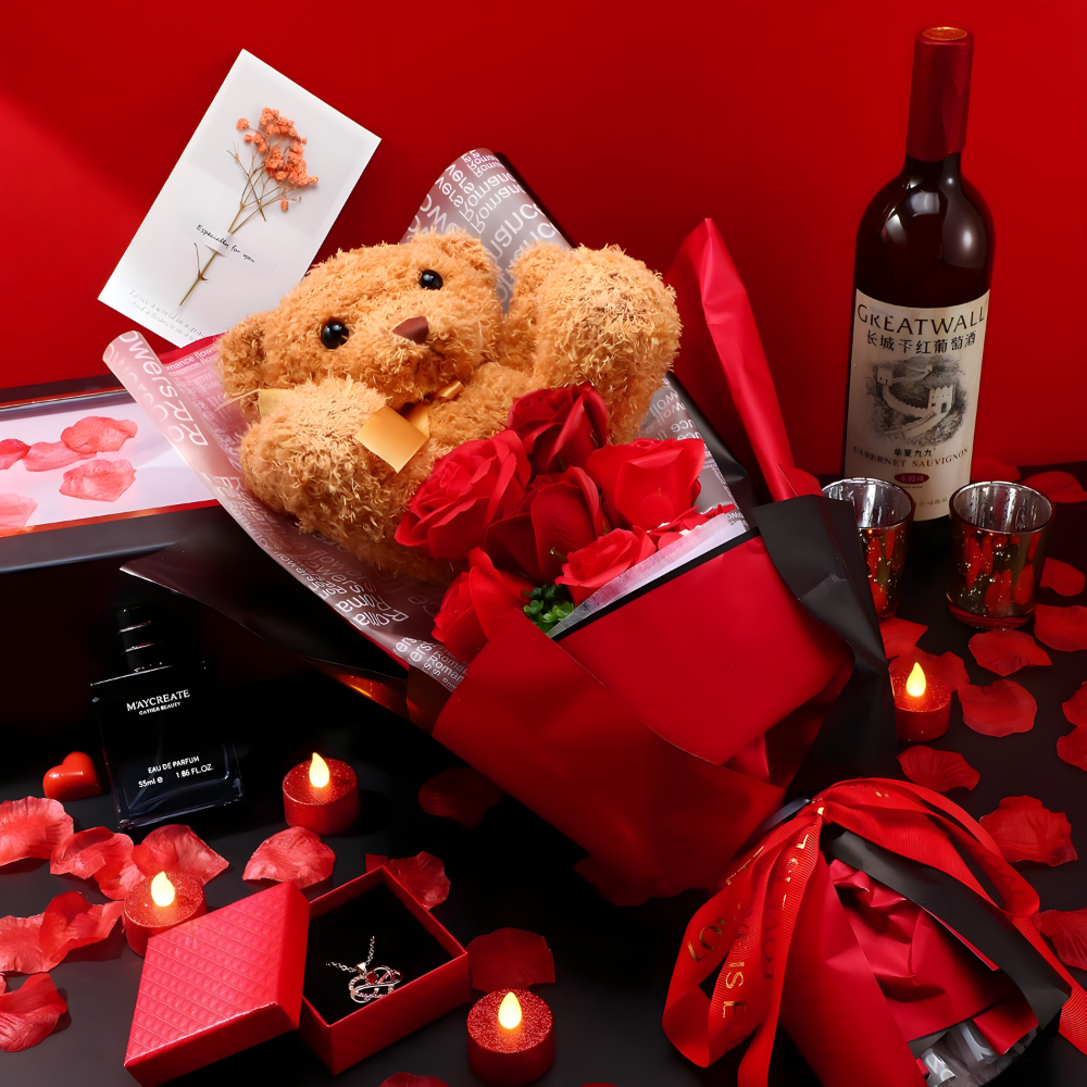 LUX poklon set – buket ruza, plisani medvedic i ogrlica - rs-mangoshop.com 