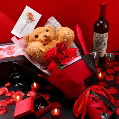 LUX poklon set – buket ruza, plisani medvedic i ogrlica - rs-mangoshop.com 