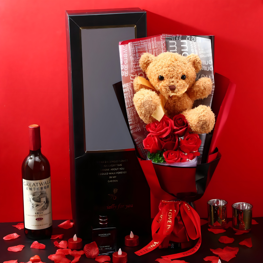 LUX poklon set – buket ruza, plisani medvedic i ogrlica - rs-mangoshop.com 