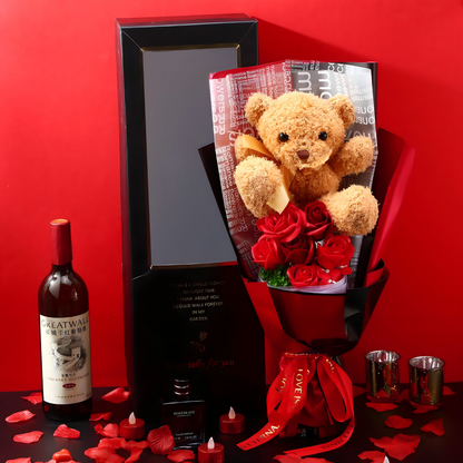 LUX poklon set – buket ruza, plisani medvedic i ogrlica - rs-mangoshop.com 