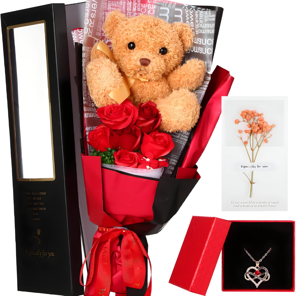 LUX poklon set – buket ruza, plisani medvedic i ogrlica - rs-mangoshop.com 
