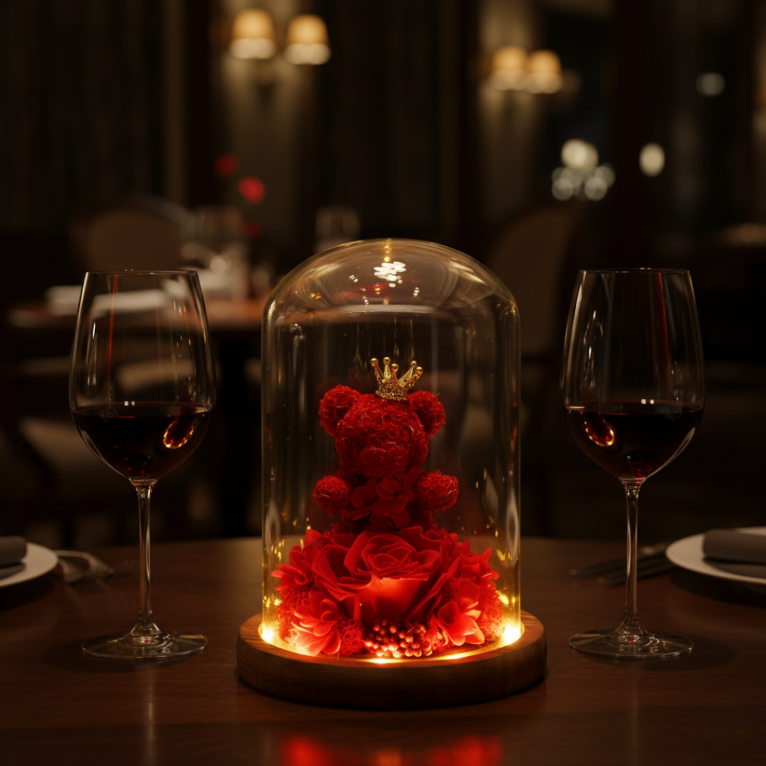Meda i ruža u staklenom zvonu sa LED svetlom