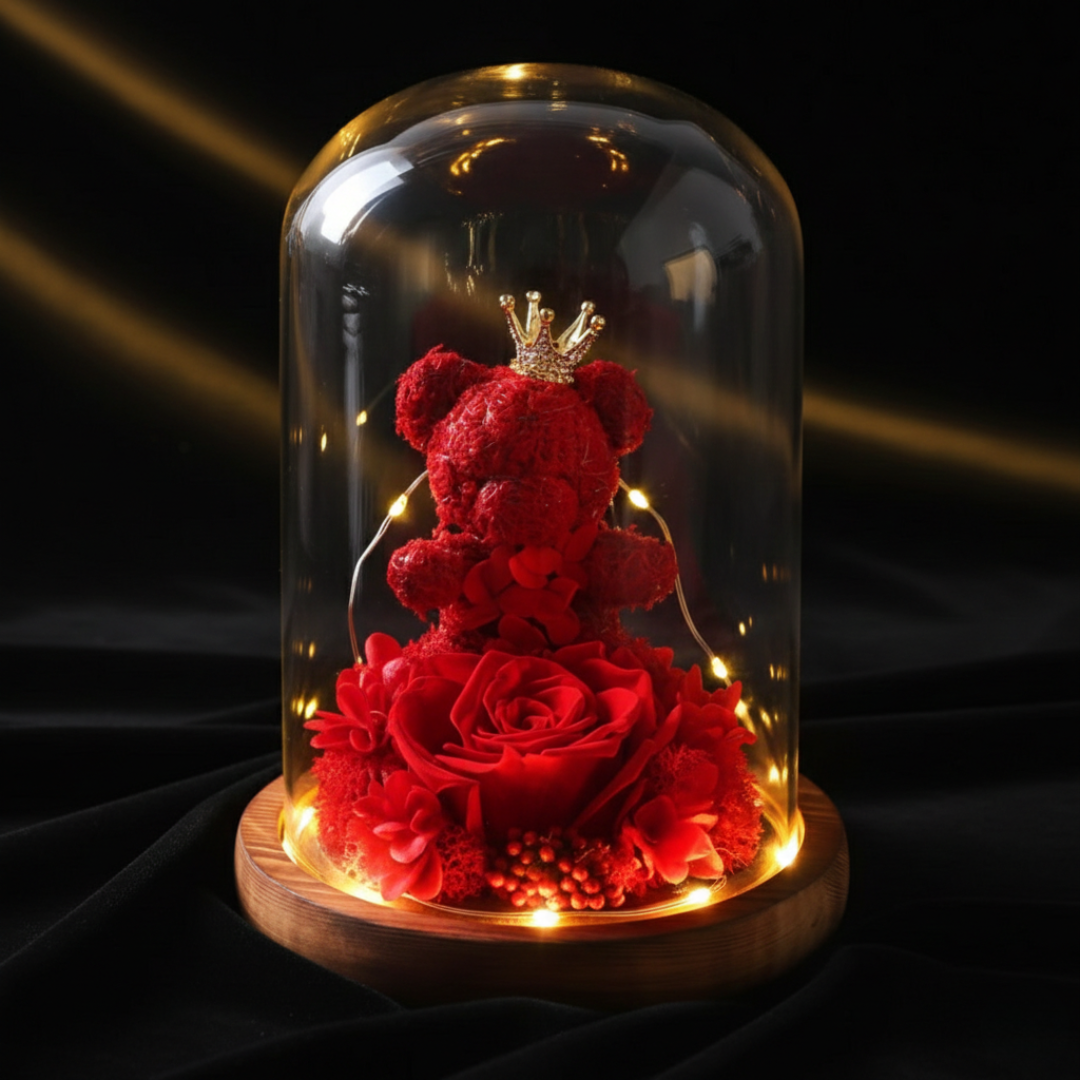 Meda i ruža u staklenom zvonu sa LED svetlom
