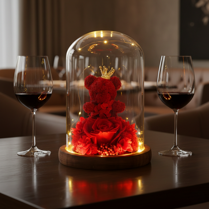 Meda i ruža u staklenom zvonu sa LED svetlom
