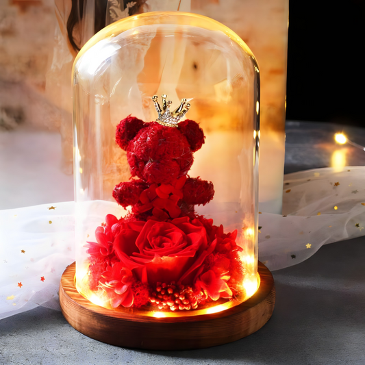 Meda i ruza u staklenom zvonu sa LED svetlom - rs-mangoshop.com