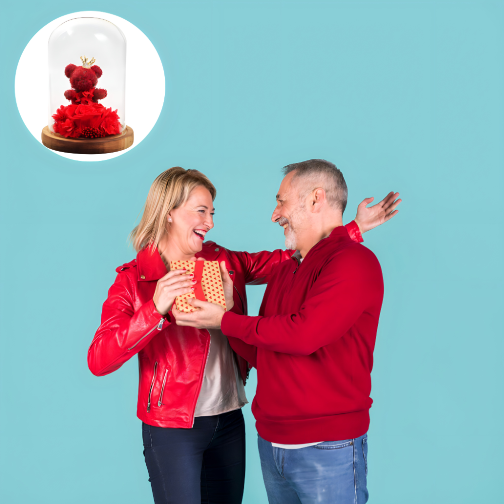 Meda i ruza u staklenom zvonu sa LED svetlom - rs-mangoshop.com