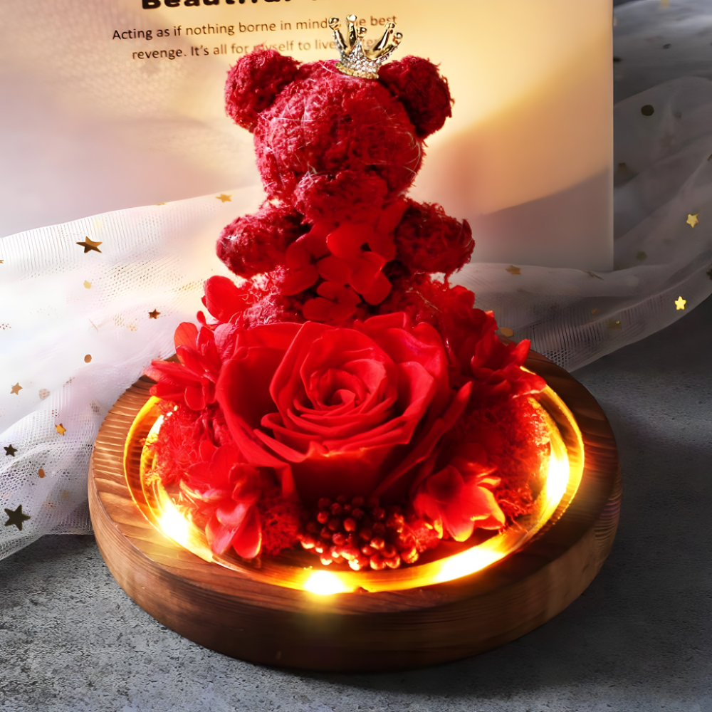 Meda i ruza u staklenom zvonu sa LED svetlom - rs-mangoshop.com