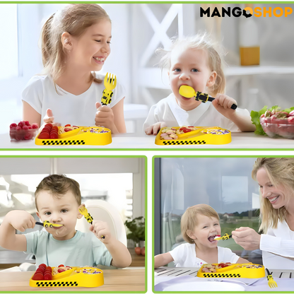Zabavni deciji set za jelo – tanjir sa pregradama, viljuska i kasika kao traktor i bager - rs-mangoshop.com
